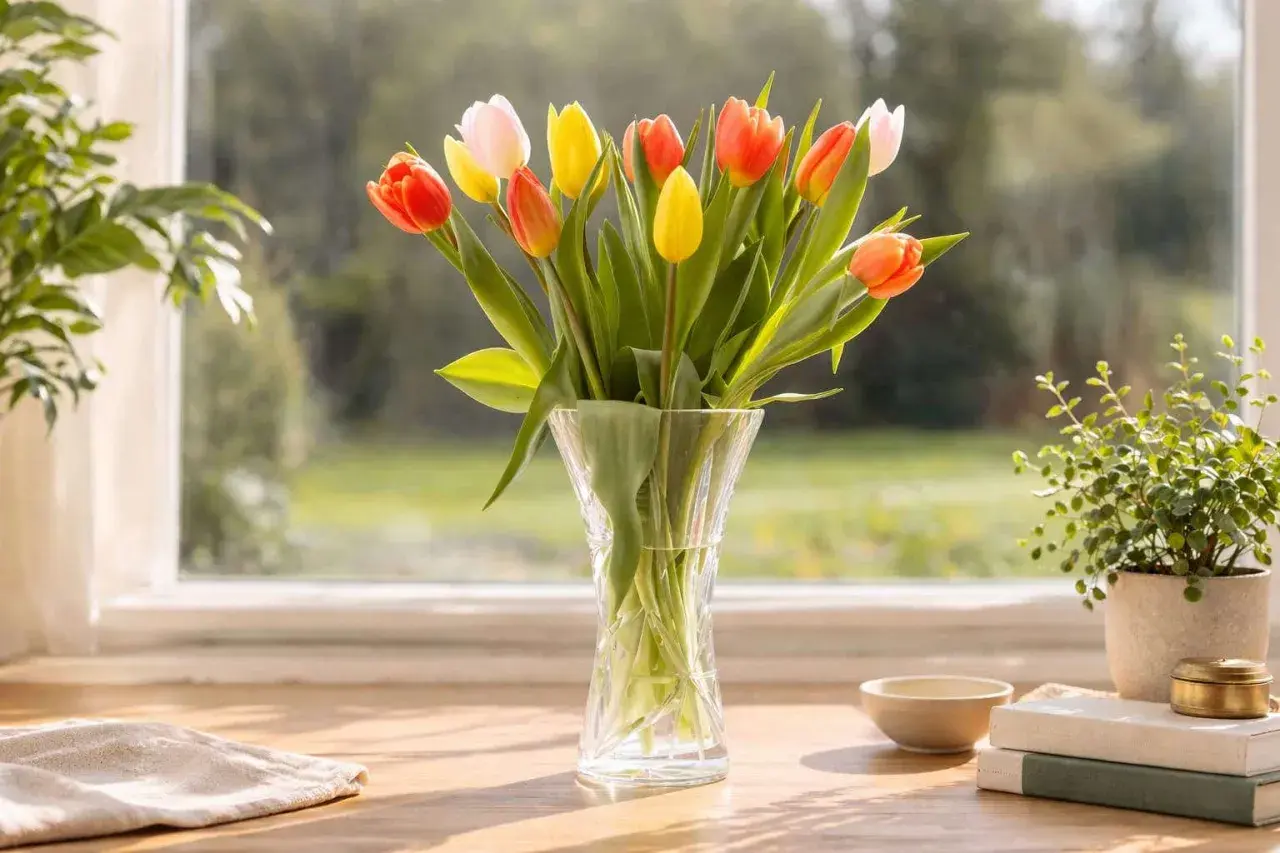 Boeket tulpen in vaas, een vraag over tulpen afsnijden of niet. Zonnig tafereel bij het raam.