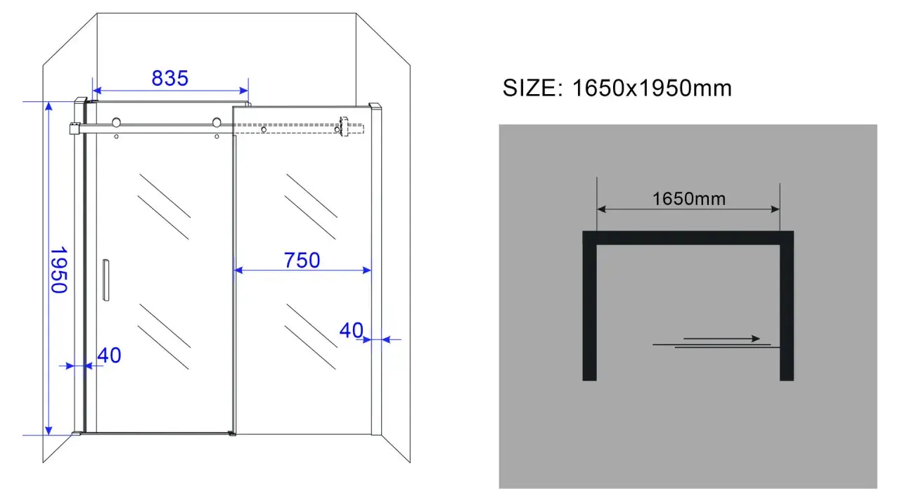 Technische tekening van een inloopdouche met afmetingen 1650x1950mm. De hoogte van de nis is 1950mm.
