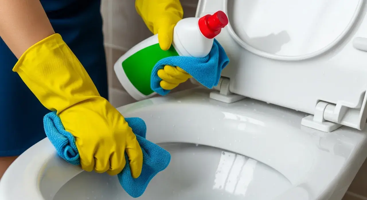 Gele handschoenen maken de wc vloer schoon met een blauwe doek en schoonmaakmiddel.