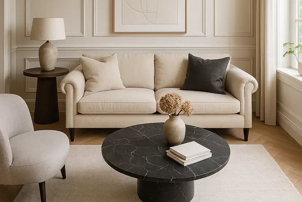 Een stijlvol interieur klassiek met een crèmekleurige bank, marmeren salontafel en een comfortabele fauteuil.