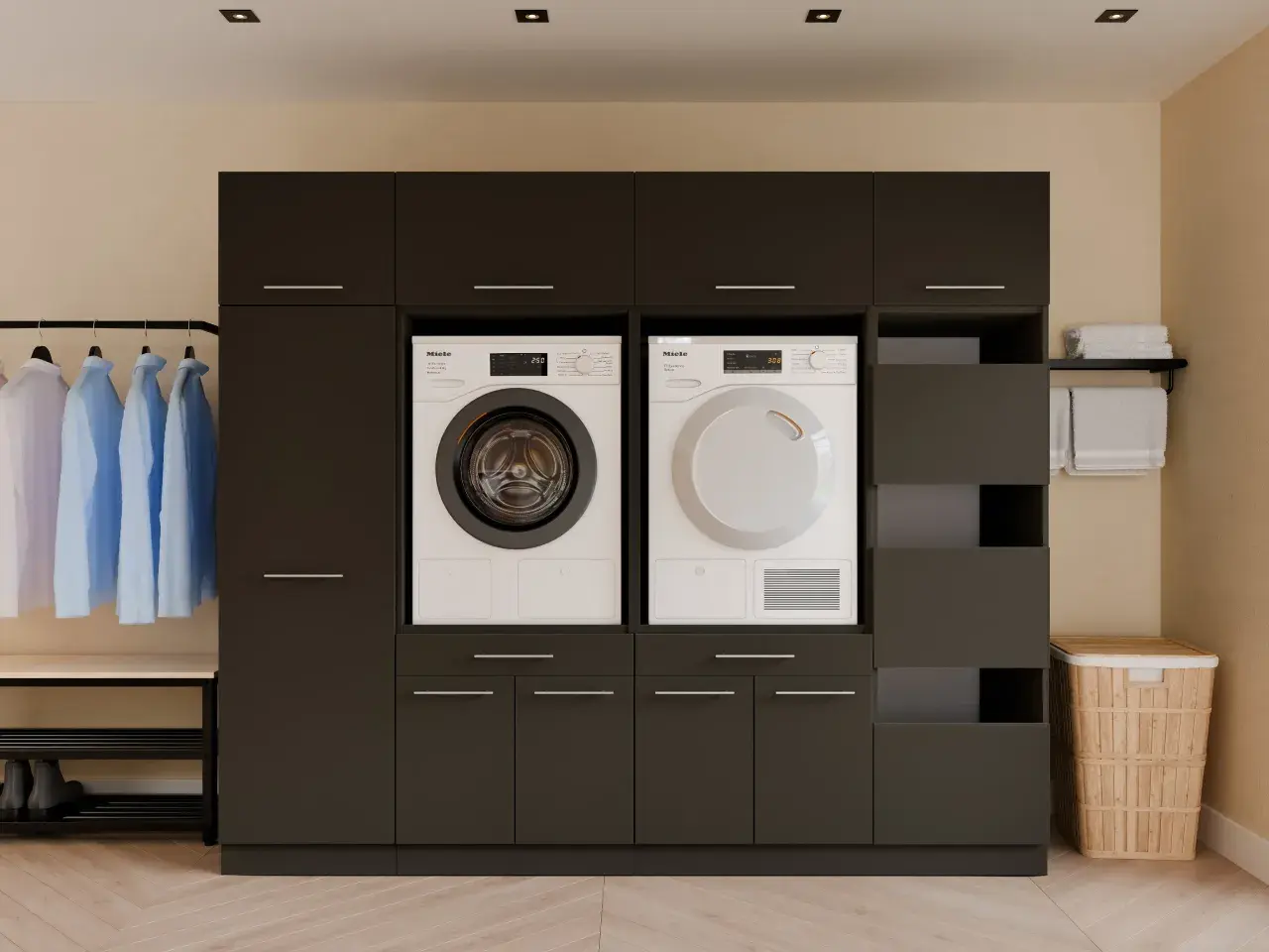 Moderne donkere kastenwand met Miele wasmachine en droger, ideaal voor wasruimte ideeën. Hangende kleding en manden voor een opgeruimd geheel.
