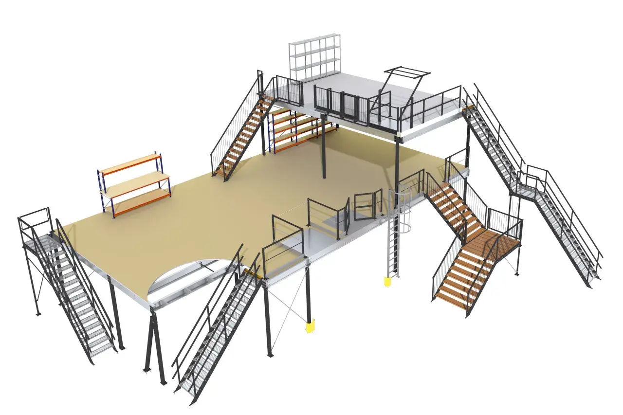 Een moderne entresol woning met meerdere niveaus, trappen en opslagruimte.