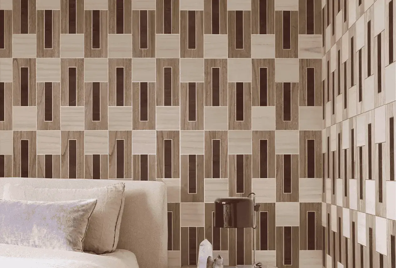 Een stijlvol behang met een geometrisch patroon van bruine en beige rechthoeken, perfect voor een kleine ruimte.