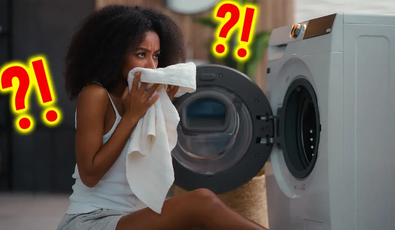 Vrouw ruikt aan een handdoek bij een wasmachine. Vraagt zich af hoe vaak handdoek gebruiken? Grote rode vraagtekens suggereren twijfel.