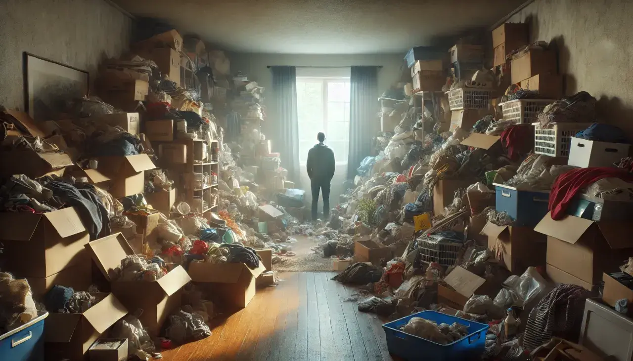 Een man staat in een kamer vol met spullen, een beeld dat de ware hoarders betekenis illustreert. Overal liggen dozen en rommel.