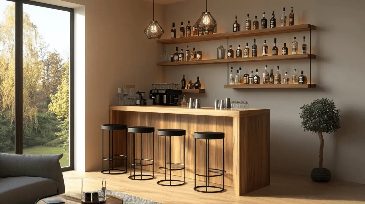 Moderne toog in de woonkamer, met barkrukken en een uitgebreide collectie flessen op de wandplanken.