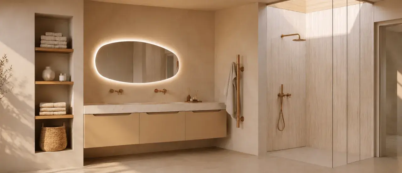 Moderne badkamer met verlichte spiegel, zwevend badmeubel, inloopdouche en koperen accenten. De spiegel verven zou deze serene sfeer nog versterken.