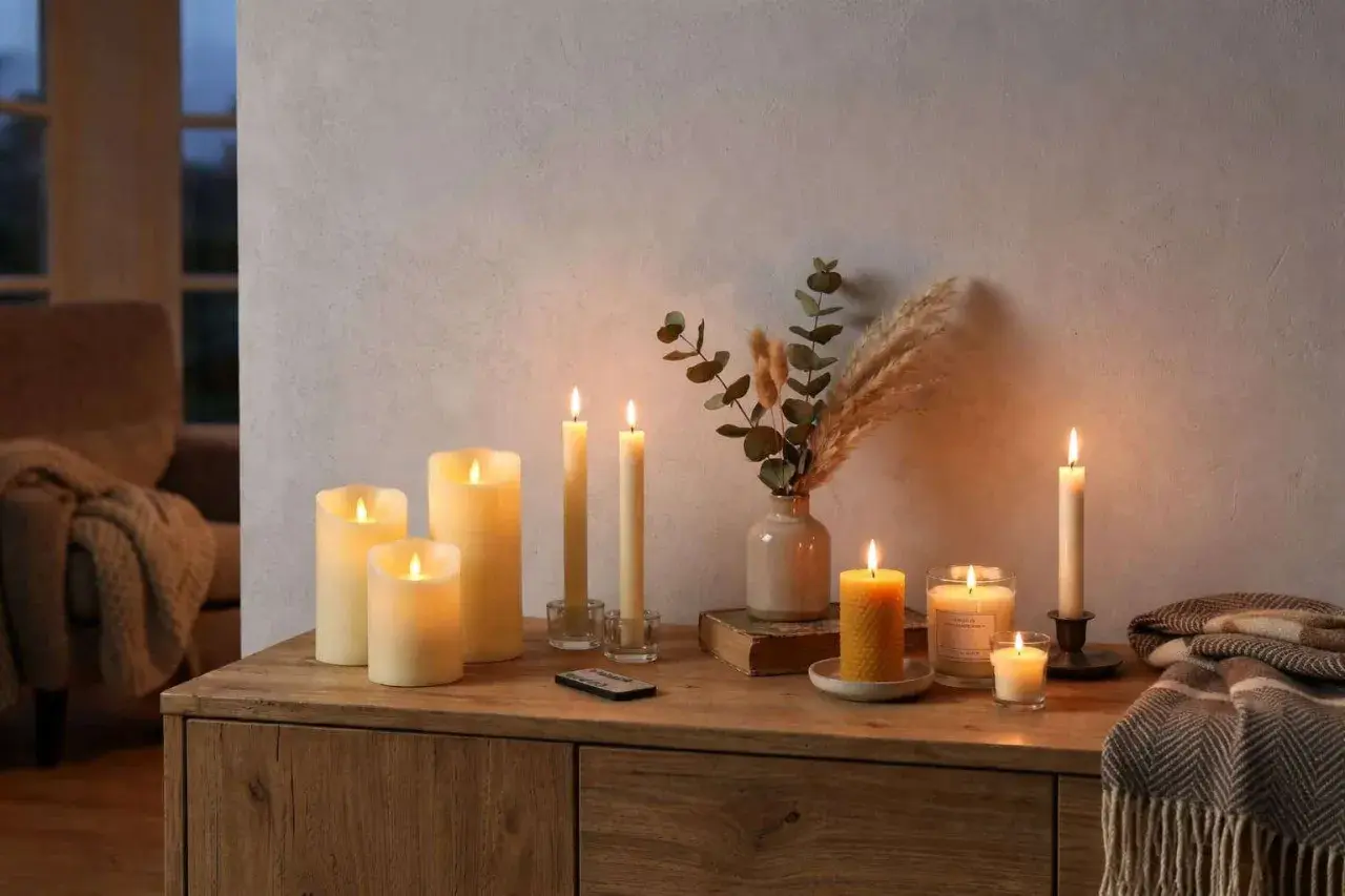 Sfeervolle LED-kaarsen, een veilig alternatief voor kaarsen, verlichten een houten meubel met een vaas en droogbloemen.