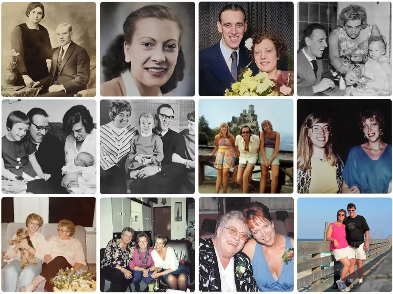 Collage met familiefoto's, van zwart-wit tot kleur. Een inspiratie voor wat te doen met oude foto's: herinneringen delen met dierbaren.