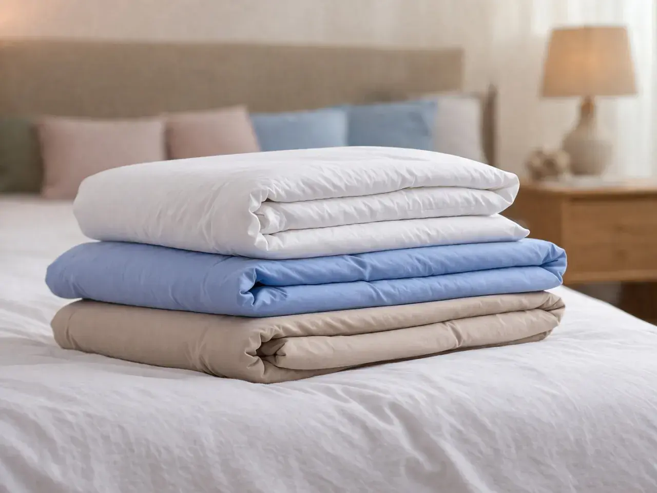 Stapel van drie opgevouwen dekbedovertrekken: wit, lichtblauw en beige. Ideaal om te weten hoeveel dekbedovertrekken je nodig hebt voor een frisse look.