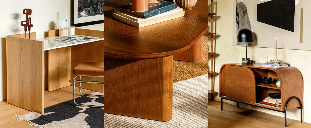 Een bureau, tafel en kast in warme houttinten, die vragen welke kleur past bij walnoot hout.