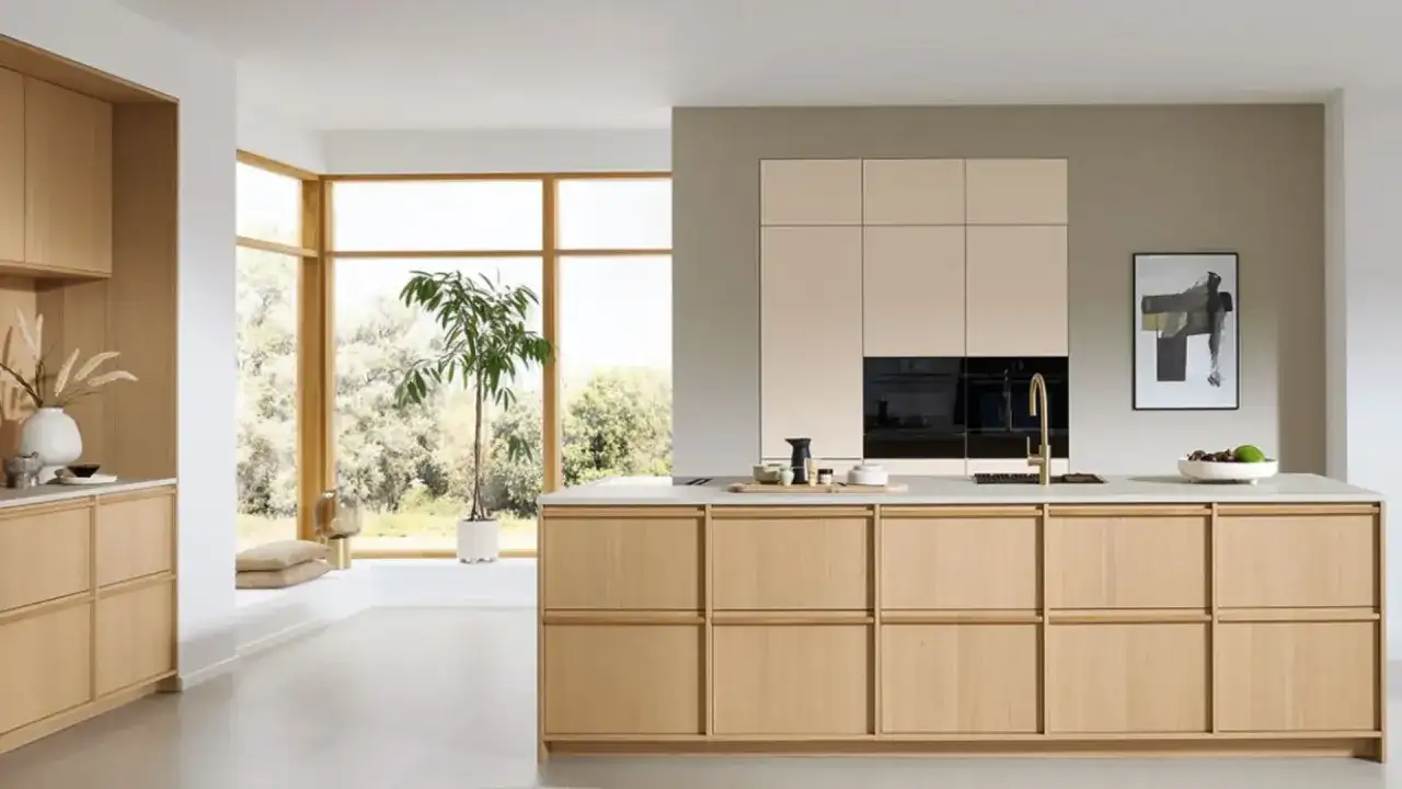 Een lichte, minimalistische keuken met houten kasten, een groot raam en een groene plant.