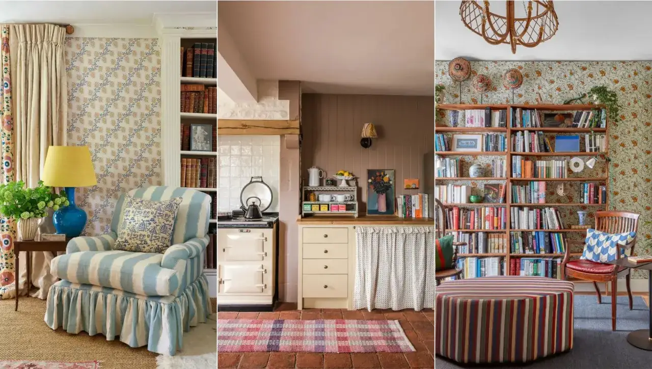 Gezellige scènes met een engelse cottage stijl interieur: gestreepte fauteuil, landelijke keuken en boekenkasten vol boeken.