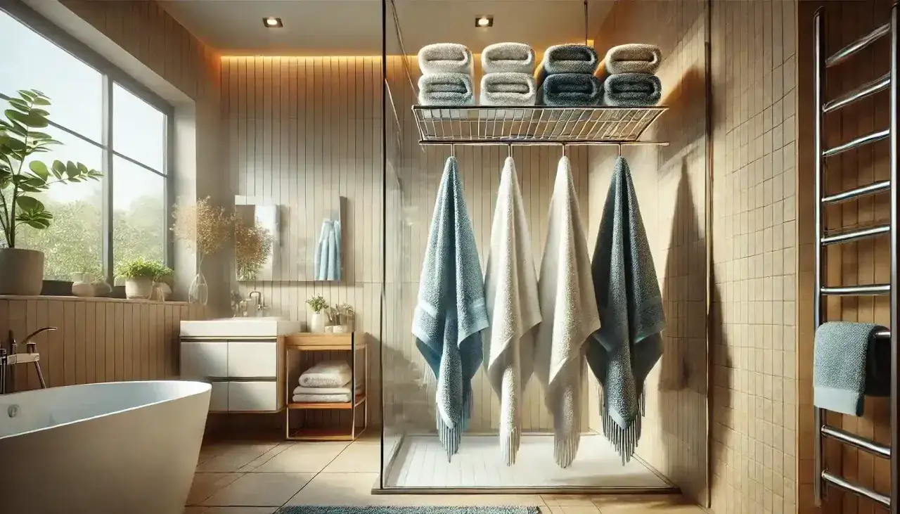 Een moderne badkamer met een bad, douche en veel handdoeken. De handdoeken drogen niet, ondanks de verwarming.