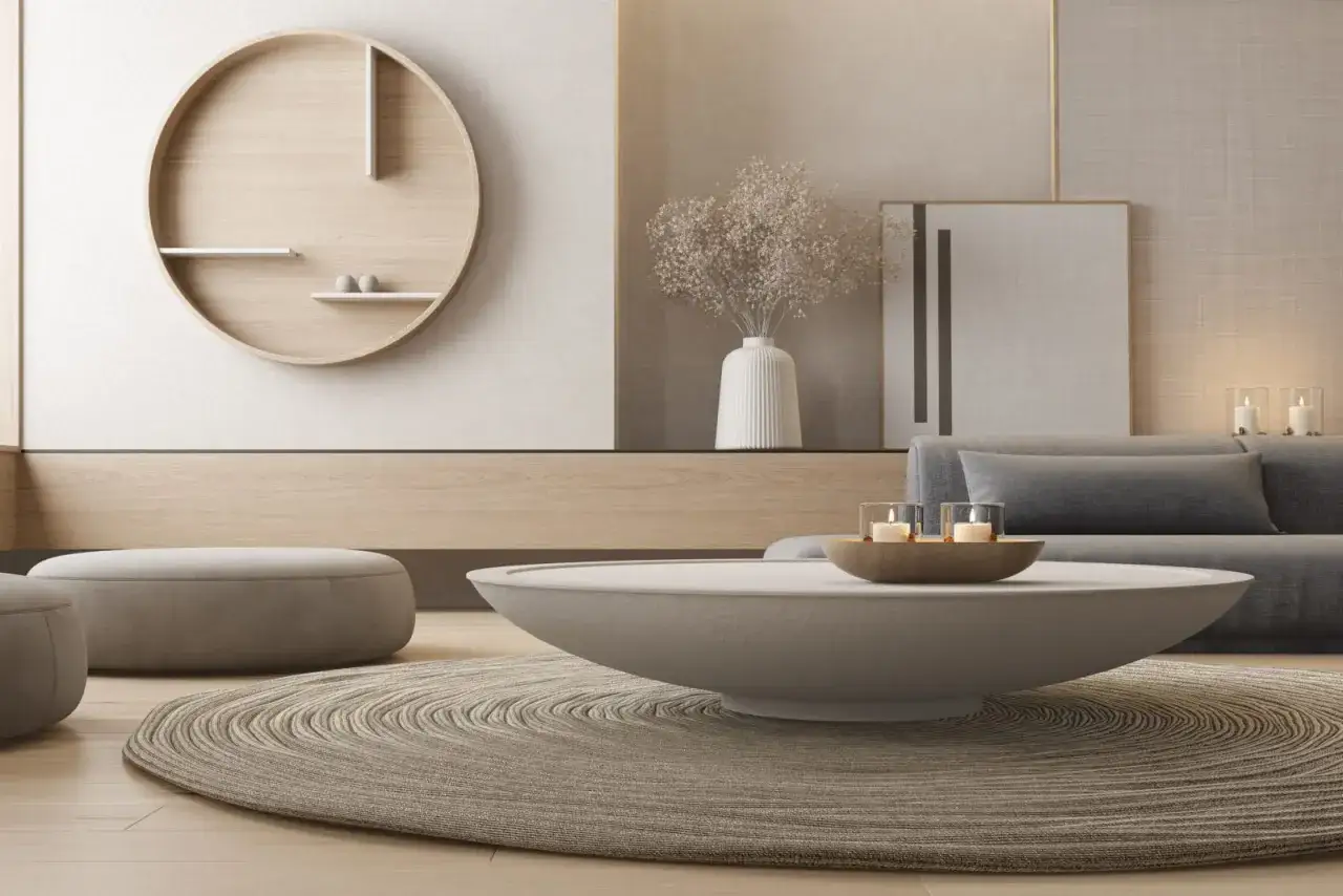 Een woonkamer die laat zien wat is minimalistisch: zachte tinten, ronde vormen en rustige decoratie.