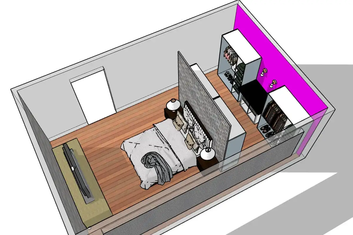 Een moderne slaapkamer met een kingsize bed, nachtkastjes, tv-meubel en een ruime inloopkast met veel opbergruimte.