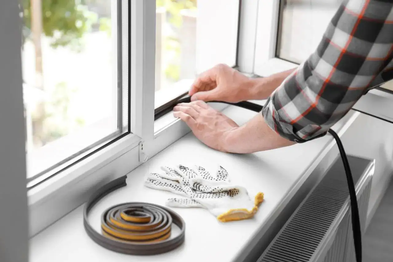 Man plaatst de beste tochtstrip op een raamkozijn. Handschoenen en een rol tochtstrip liggen klaar.