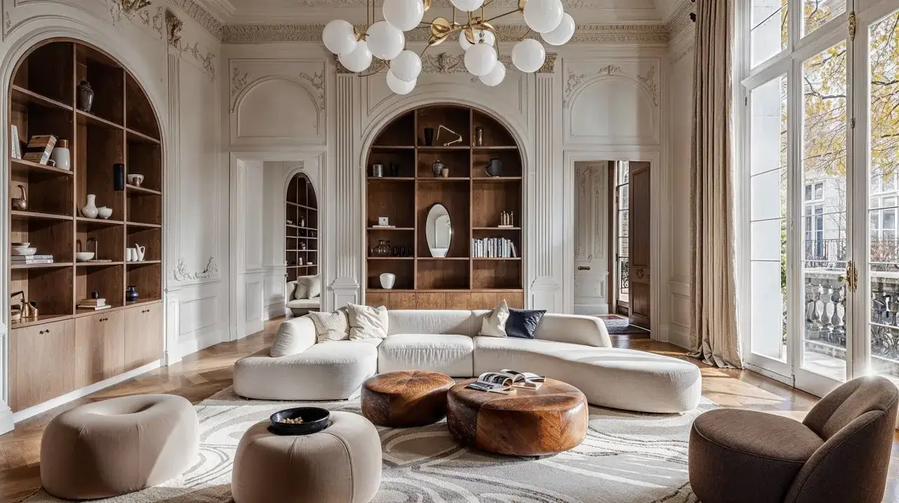 Een prachtig interieur waar klassiek en modern interieur combineren. Een witte sofa, houten elementen en een ronde eettafel.