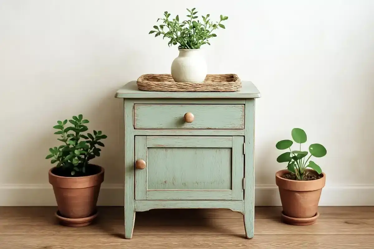 Een oude kast opknappen is een transformatie! Deze mintgroene kast met lade en deurtje, versierd met planten, toont het 'na' resultaat.