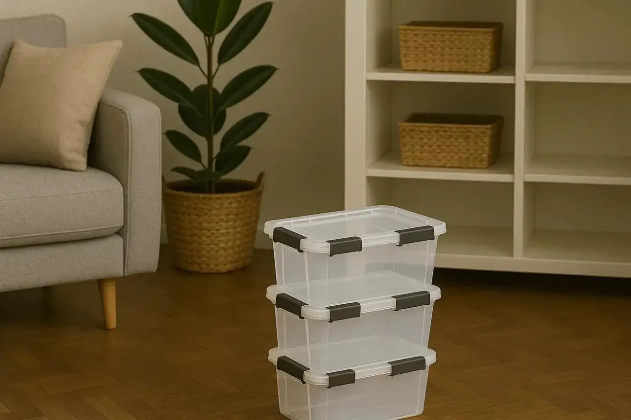 Stapel transparante opbergdozen, ideaal voor als je spullen hebt die je niet kunt opruimen. Een plant en een bank completeren de scène.