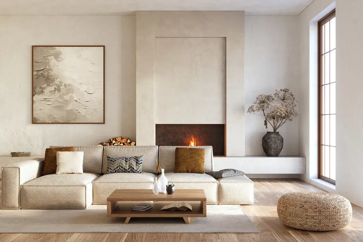Rustieke woonkamer met open haard, comfortabele bank en kunst aan de muur, perfect voor een harmonieuze feng shui sfeer.