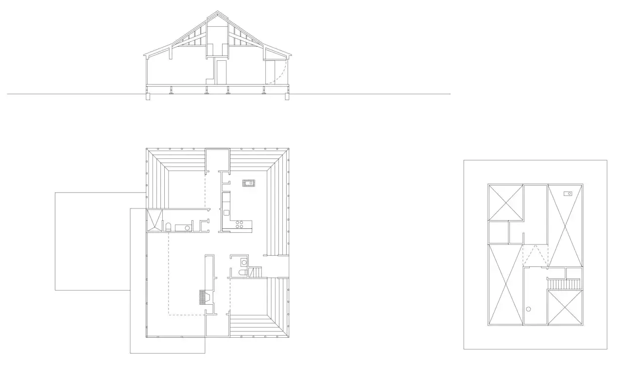 Architecturale tekeningen van een rug aan rug woning, met een doorsnede, plattegrond en een schematische weergave.