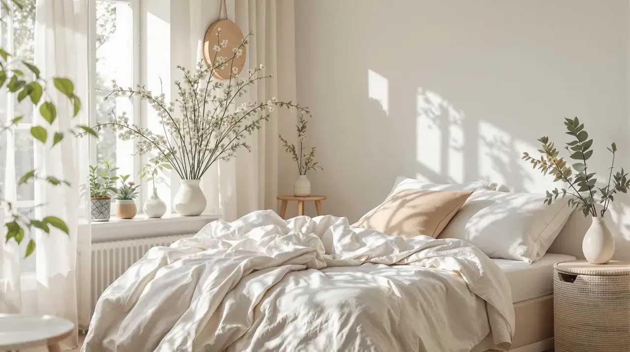 Een opgeruimd bed met een wit dekbed, kussens en een vaas met bloemen bij het raam.