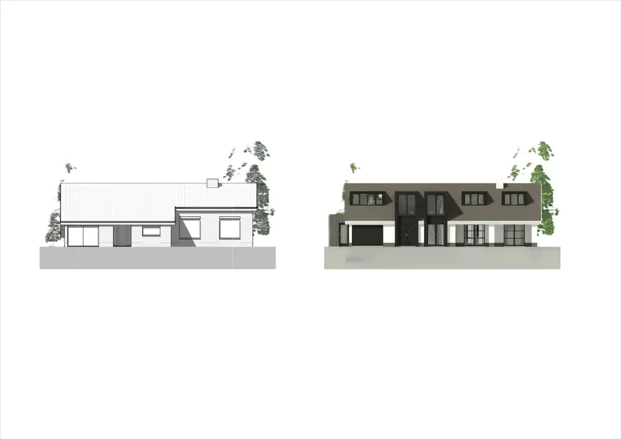 Architectural rendering van een verbouwing: een bestaande woning naast een moderne, uitgebouwde versie.