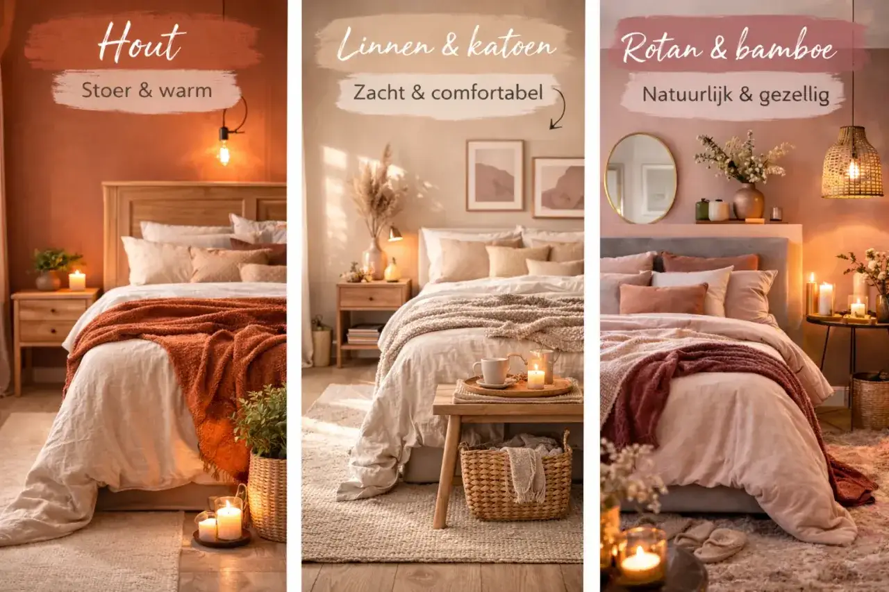 Drie sfeervolle, minimalistische slaapkamers: &eacute;&eacute;n met hout en warme tinten, &eacute;&eacute;n met linnen en katoen, en &eacute;&eacute;n met rotan en bamboe voor een natuurlijke look.