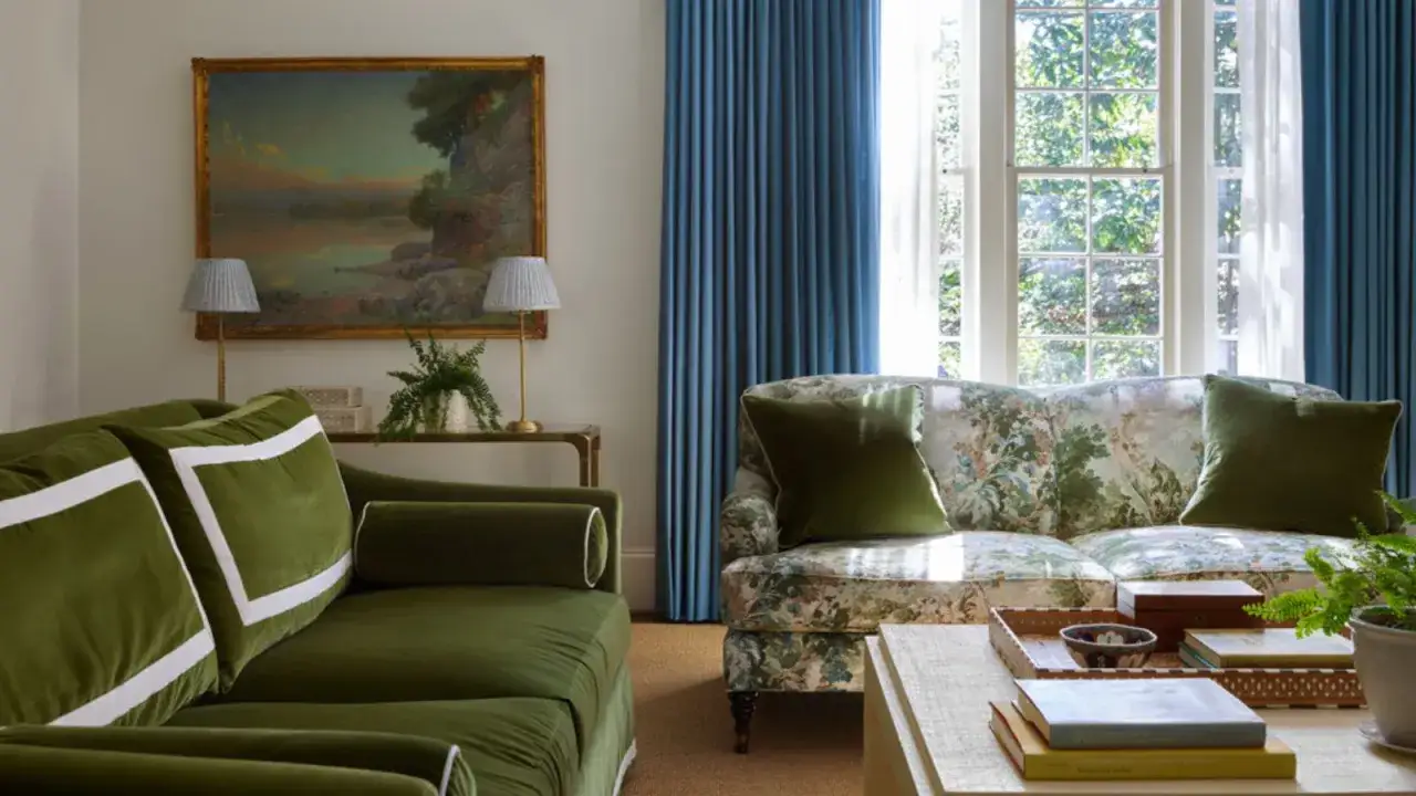 Luxe woonkamer met groen en blauw combineren interieur. Een olijfgroene bank en een bloemige fauteuil, met blauwe gordijnen en een schilderij.