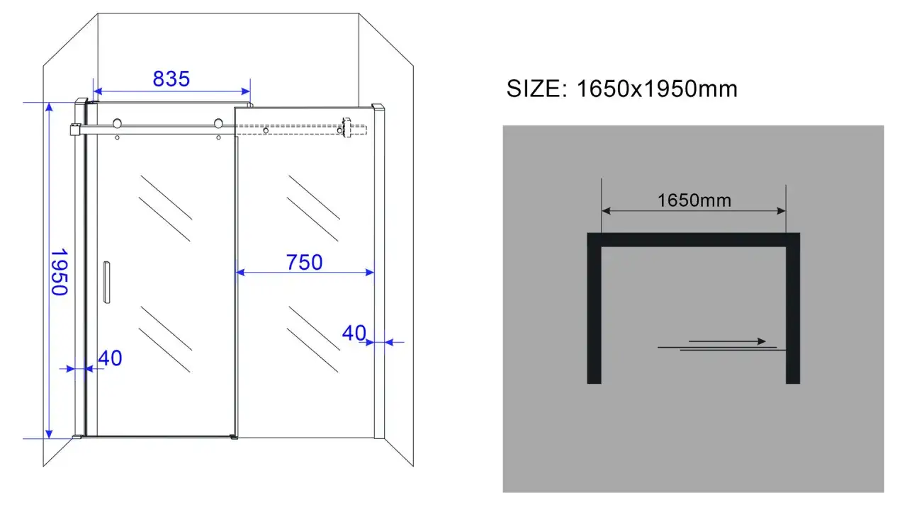 Technische tekening van een inloopdouche met afmetingen 1650x1950mm. De hoogte van de nis is 1950mm.