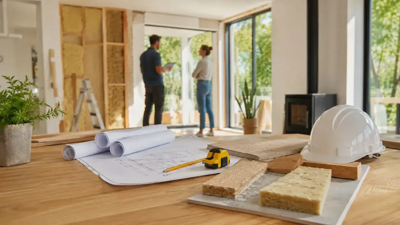 Bouwplannen, isolatiemateriaal en een helm op tafel. Een stel bespreekt de renovatie, klaar om zelf te verbouwen.