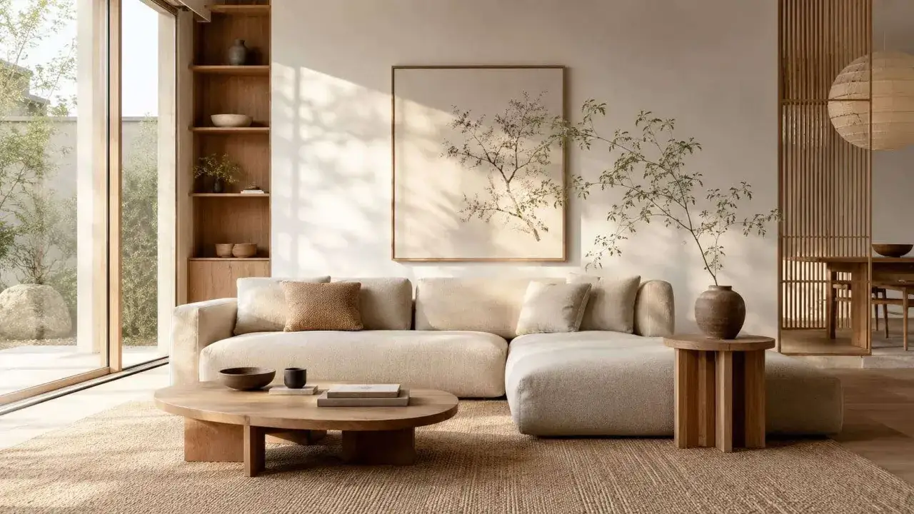 Een rustig slow living interieur met een grote, lichte bank, houten meubels en een schilderij van een tak.