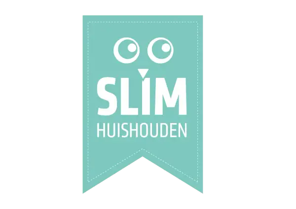 Een mintgroene vlag met de tekst "SLIM HUISHOUDEN" en een grappig gezichtje. Perfect voor wie slim wil opruimen!