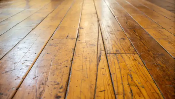 Gouden houten vloer met zichtbare krassen in gelakt hout, die verhalen vertellen van geleefde momenten.