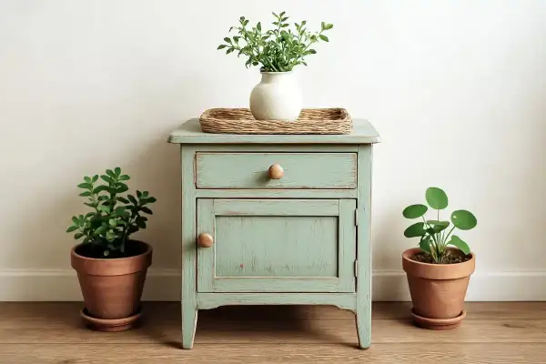 Een opgeknapt groen nachtkastje met lade en deurtje, omringd door planten. Perfect voor kringloop meubels opknappen.