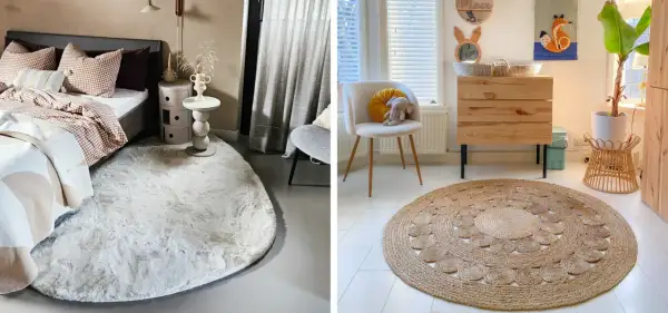 Twee kamers met vloerkleden: een slaapkamer met een zacht, rond vloerkleed en een woonkamer met een rond jute vloerkleed, beide creëren een rustige sfeer met feng shui principes.