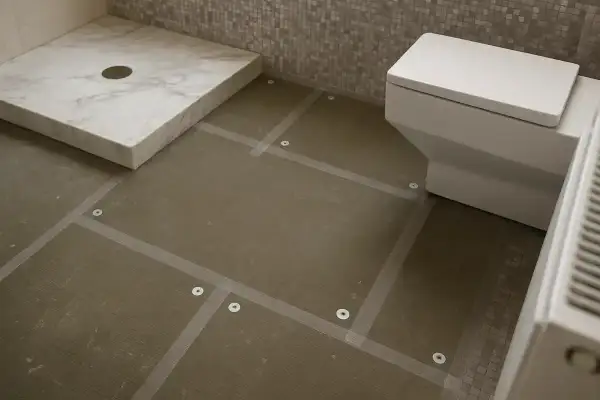 Badkamer in aanbouw, met een douchebak, toilet en voorbereiding voor plafond tegelen.