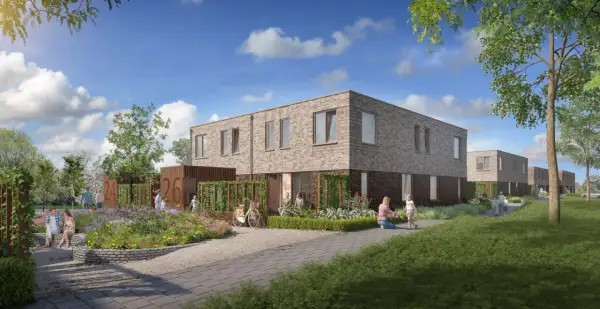 Moderne rug aan rug woning met gezinnen die genieten van de bloeiende tuin en het buitenleven.