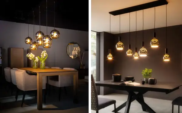 Stijlvolle spots boven eettafel creëren sfeer. Twee eetzalen met moderne verlichting en tafels, klaar voor gezellige diners.