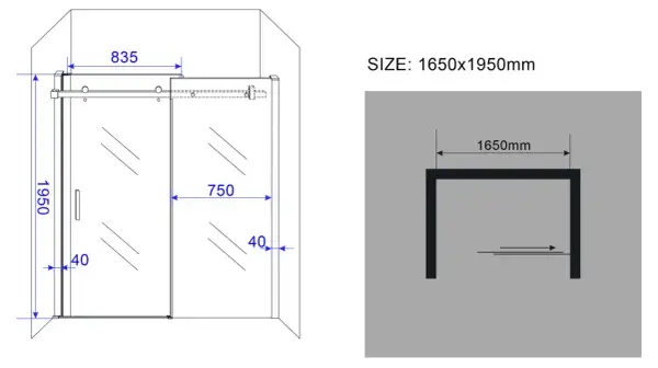 Technische tekening van een inloopdouche met afmetingen 1650x1950mm. De hoogte van de nis is 1950mm.