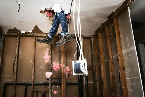 Man met werklaarzen en jeans hangt door een gat in het plafond, omringd door isolatie. Een doe-het-zelf project om zelf te verbouwen.