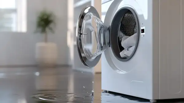 Water druppelt uit de open wasmachinedeur op de natte vloer. De watertoevoer wasmachine werkt niet, wat zorgt voor een onaangename verrassing.