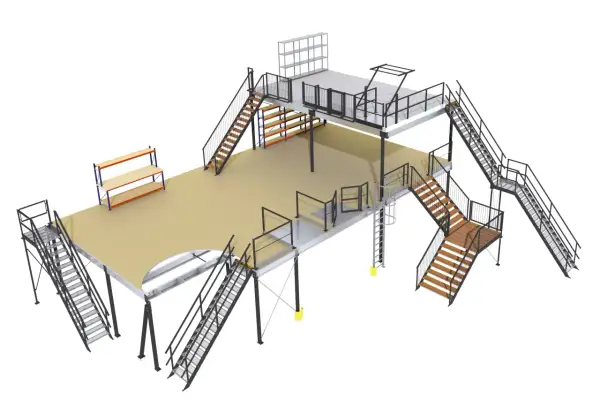 Een moderne entresol woning met meerdere niveaus, trappen en opslagruimte.
