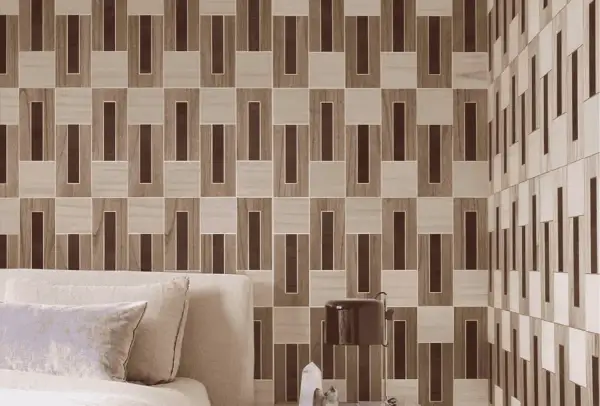 Een stijlvol behang met een geometrisch patroon van bruine en beige rechthoeken, perfect voor een kleine ruimte.