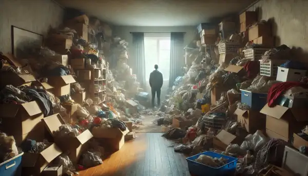 Een man staat in een kamer vol met spullen, een beeld dat de ware hoarders betekenis illustreert. Overal liggen dozen en rommel.