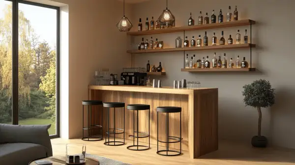 Moderne toog in de woonkamer, met barkrukken en een uitgebreide collectie flessen op de wandplanken.
