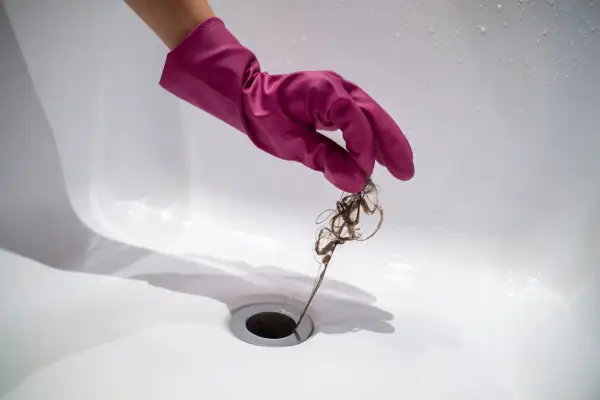Roze handschoen verwijdert haar uit doucheputje om verstoppingen te voorkomen.