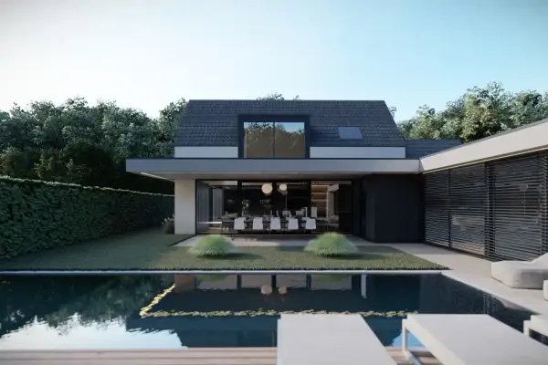 Moderne prefab woning met zwembad en tuin. Grote glazen pui verbindt binnen met buiten.