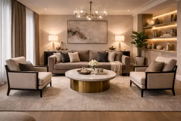 Een hotel chique woonkamer met comfortabele bank, fauteuils, marmeren salontafel en sfeervolle verlichting.